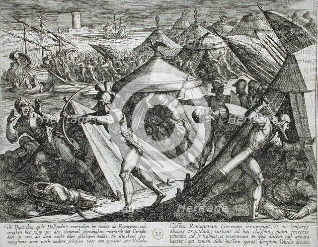 Dutch and Germans Attack the Roman Camp and Capture Cerialis' Boat, Publshed 1612. Creator: Antonio Tempesta.