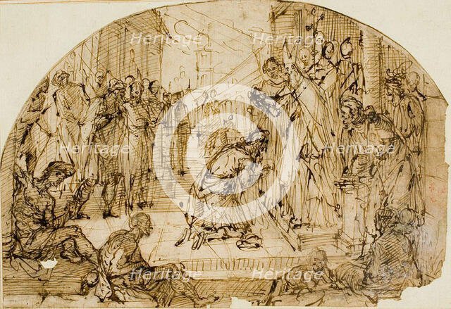 Bishop Blessing a Kneeling Man OR Meeting of Emperor Theodosius and Bishop Ambrose, c. 1600. Creator: Luigi Benfatto.