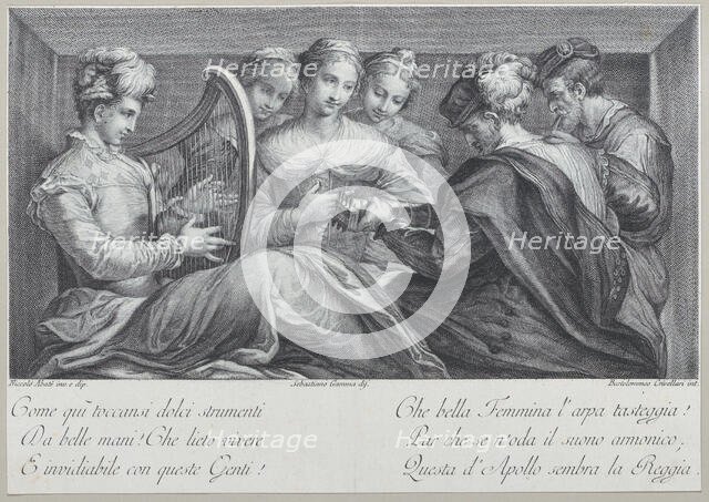 A group of elegantly dressed people playing the harp and a guitar, 1740-68. Creators: Bartolomeo Crivellari, Sebastiano Gamma.