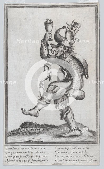 A caricature figure (a carpenter?) with a toad on his nose, carrying various implem..., ca. 1640-60. Creator: Anon.