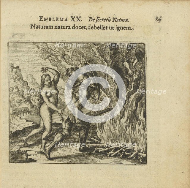 Emblem 20. Nature teaches nature to overcome fire. From "Atalanta fugiens" by Michael Maier, 1618. Creator: Merian, Matthäus, the Elder (1593-1650).