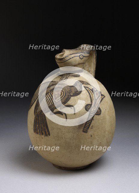 Squat bichrome jug in free-field style with image of bird picking a lotus, c750-480BC. Artist: Unknown.
