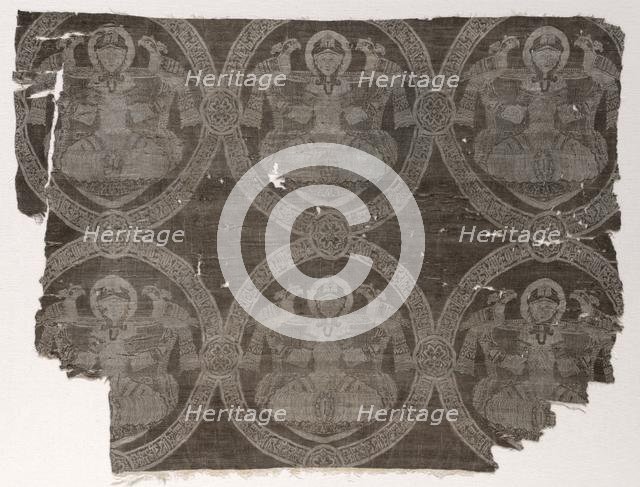 Lampas fragment with seated prince holding falcons in kufic medallions, 1654-1955. Creator: Unknown.