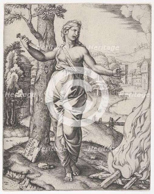 Dido holding a dagger in her right hand, left arm outstreched, ca. 1510. Creator: Marcantonio Raimondi.