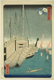 Fishing Boats at Tsukuda Island (Tsukudajima gyoshu), from the series "Thirty-six Views..., 1862. Creator: Utagawa Hiroshige II.