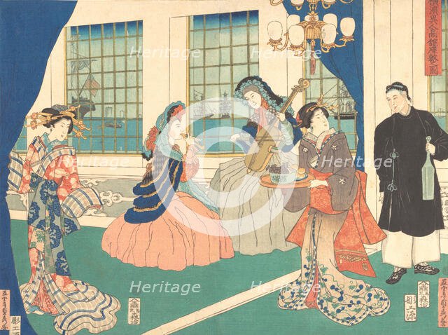 Drawing Room of a Foreign Business Establishment in Yokohama, 9th month, 1861. Creator: Sadahide Utagawa.