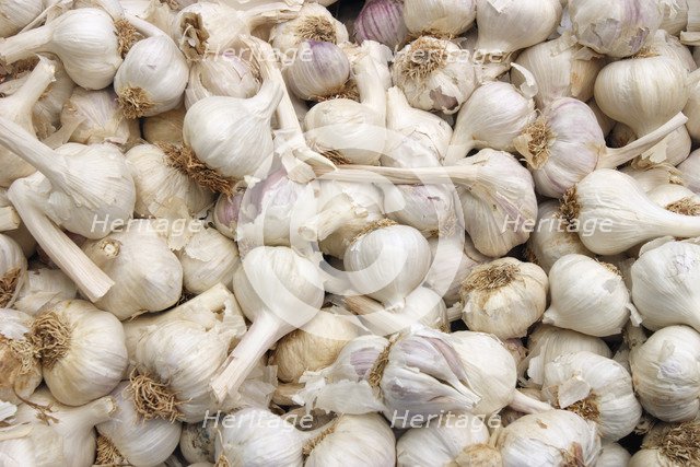 Garlic bulbs on a market stall, Mallorca, Spain.