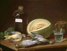  'Still Life with Melon and Birds', oil on canvas by José Lopez Enguidanos.