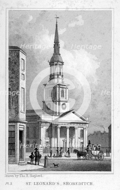 View from the west of St Leonard's Church, Shoreditch, London, c1827. Artist: Anon