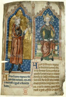 King Stephen standing with a falcon, and King Henry II seated on his throne, c1280-1300.  Creator: Unknown.