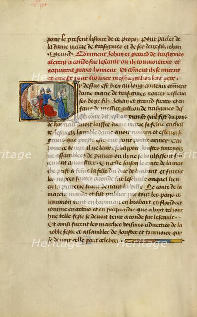 Initial C: Gillion's Sons Taking Leave of Their Mother Marie; Roman de Gillion de Trazegnies, 1464. Creators: Lieven van Lathem, David Aubert.