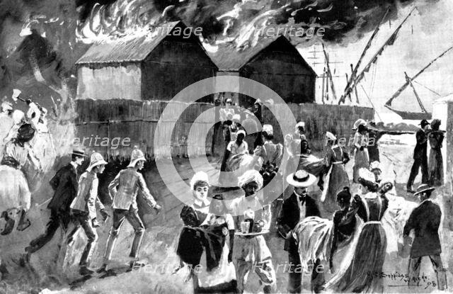 Fire at the Modykhana Plague Hospital: nurses saving the native patients, 1898.  Creator: Unknown.