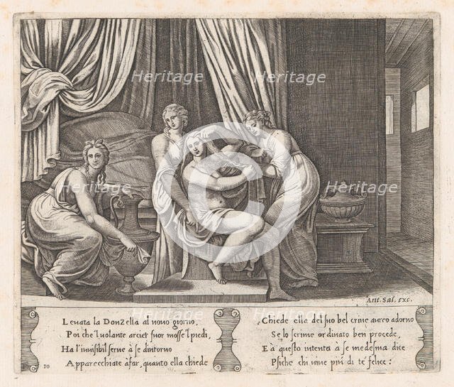 Plate 10: Nymphs dressing Psyche's hair, from the Story of Cupid and Psyche as told by ..., 1530-60. Creator: Master of the Die.