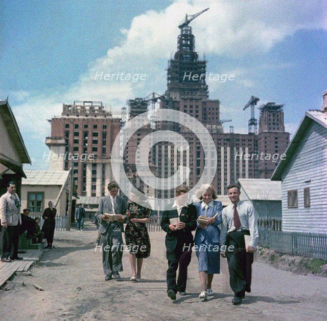 The construction of the main building of Moscow State University on Lenin Hills Artist: Anonymous  