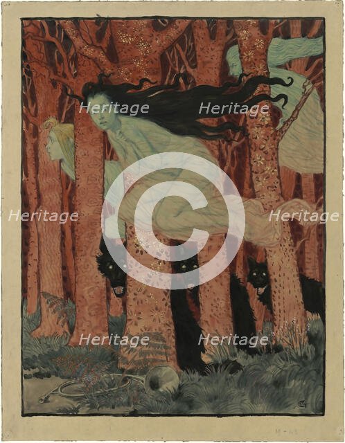 Trois femmes et trois loups (Three women and three wolves), ca 1892. Creator: Grasset, Eugène (1841-1917).