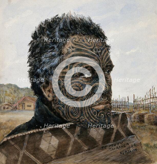 Te Mutu: portrait showing detail of moko design, Tauranga 1864, 1864. Creator: Major HG Robley.