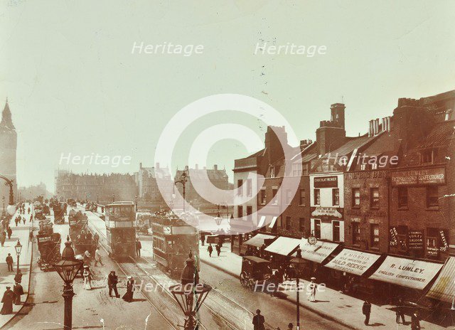Double-decker electric trams on Westminster Bridge, London, 1906. Artist: Unknown.
