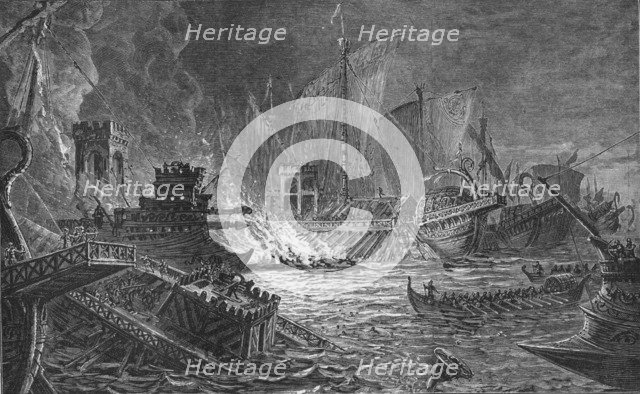 The Battle of Actium, at which Augustus defeated Antony and Cleopatra, 31 BC (1908). Artist: Unknown.