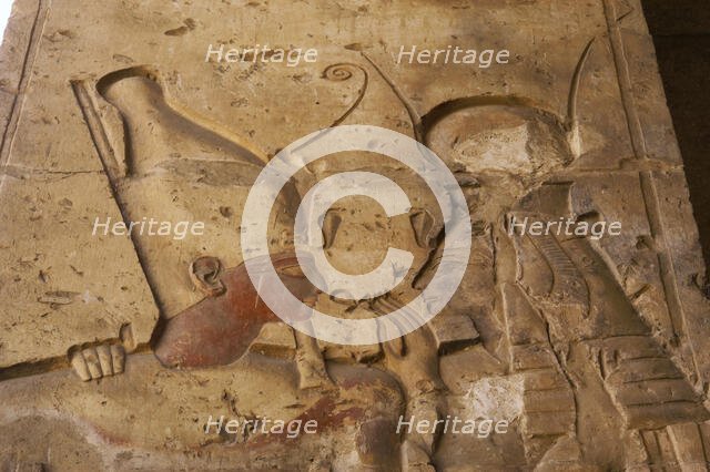 Pharaoh wearing the double crown..., Temple of Seti I, Abydos, Egypt, New Kingdom, 19th...(2003). Creator: LTL.
