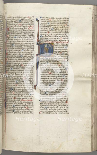 Fol. 218r, Psalm 26, historiated initial D, David kneeling pointing to his eyes, the bust of God..., Creator: Unknown.