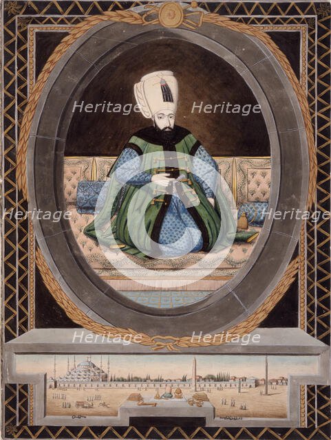Portrait of Sultan Ahmet I (1603-1617), Above a View of the Hippodrome and the "Blue Mosque"...c1805 Creator: Unknown.