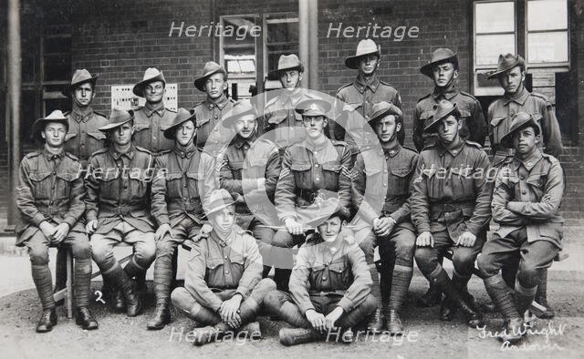 Postcard of unidentified group of soldiers, signed on the front by Fred Wright, Andover. Creator: Murphy.