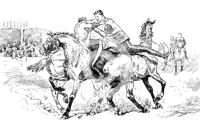 Sketches at the Royal Military Tournament...: wrestling on horseback, 1890. Creator: Unknown.