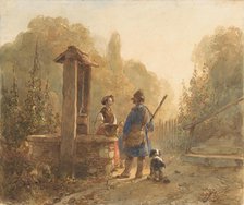 Hunter talking to a farmer's wife at a well, next to him a dog, 1797-1870. Creator: Andreas Schelfhout.