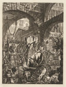 The Prisons: An Architectural Medly, with a Man on the Rock in the Foreground, 1745-50. Creator: Giovanni Battista Piranesi (Italian, 1720-1778).