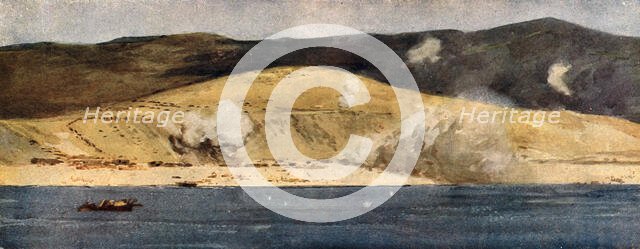 'La baie de Suvla et les Falaises d'Anzac; Eclatements d'obus turcs de gros calibre', 1915 (1916). Creator: Norman Wilkinson.