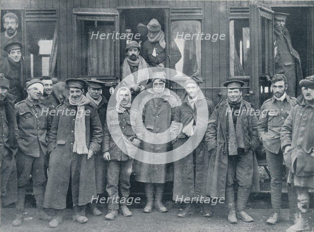 Wounded English troops on their way to a base hospital, c1914. Artist: Unknown