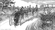 ''Blind Cyclist's on their way from London to Derby; (the steerer of each machine could see)', 1888. Creator: Unknown.