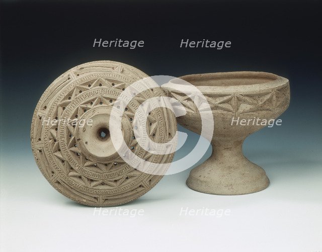 Grey unglazed pottery covered dou, Late Warring States - Western Han period, China, c162 BC. Artist: Unknown