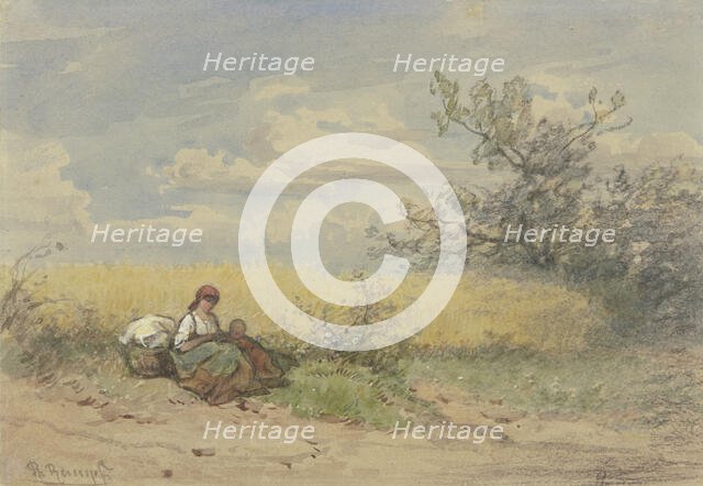 Farmer's wife with child resting in front of a ripe cornfield, c1840-1890s. Creator: Philipp Rumpf.