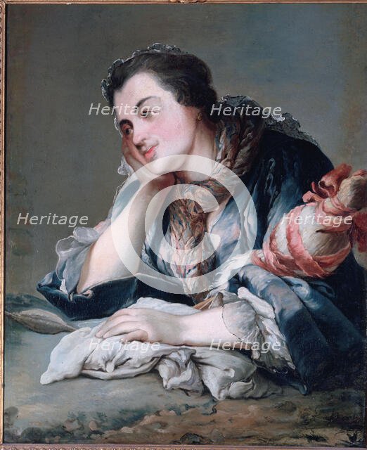 Portrait of a woman holding a distaff (around 1740), c1740. Creator: Unknown.