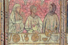Poor and pilgrims standing behind a well laid table, hosted by Pia Almoina, fragment of the Wall …