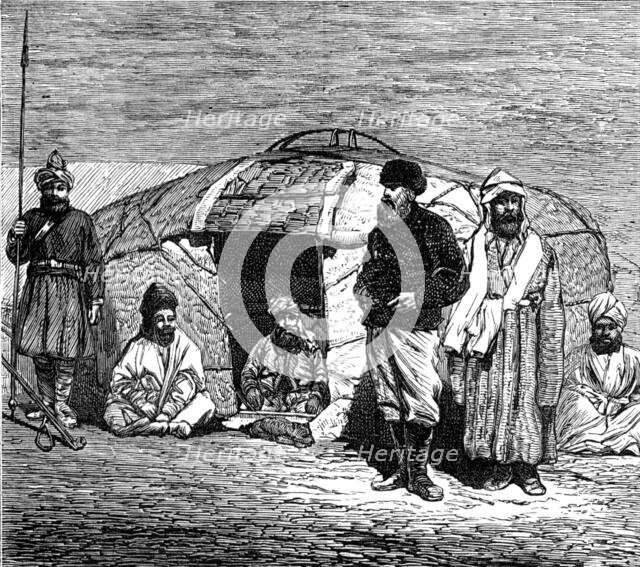The Mission to Yarkund and Kashgar: travellers' smoking-divan in a Kirghiz tent, 1874. Creator: Unknown.