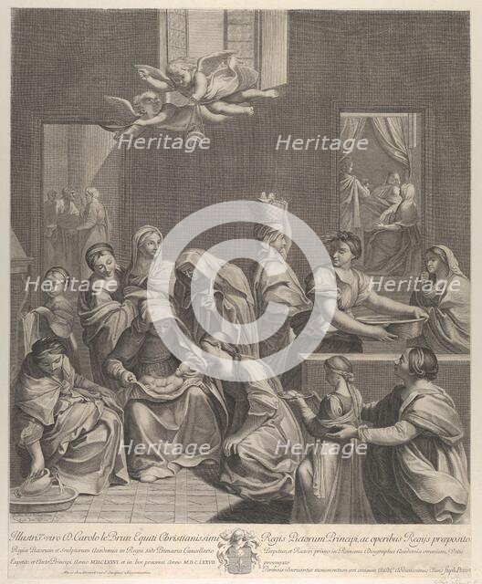 The birth of the Virgin; woman seated with an infant in her lap, numerous women surroundin..., 1677. Creator: Etienne Picart.