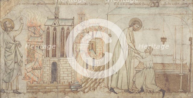 Saint Éloi saves Saint-Martial church on the Île de la Cité from a fire. Saint Eloi cures..., c1250. Creator: Unknown.