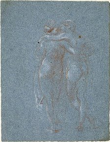 Two Standing Figures, Embracing (recto); Man with Scythe and Sketches of Buildings (verso), 1847/75. Creator: Jean-Baptiste Carpeaux.
