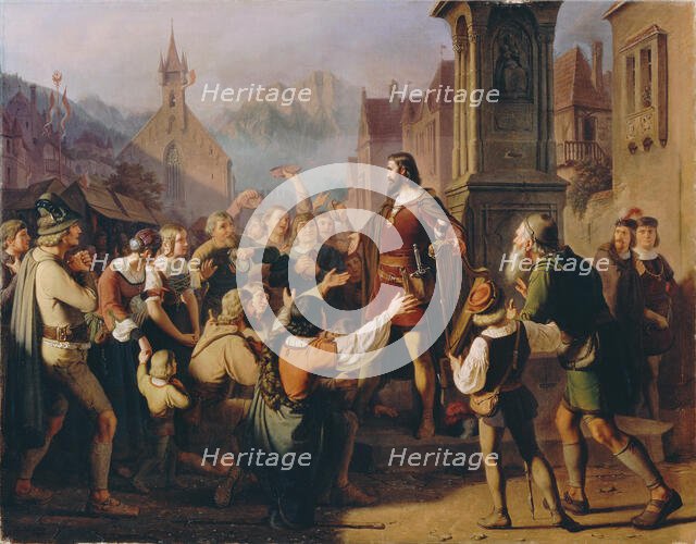 Duke Friedrich IV, disguised as a minstrel, reveals himself to his faithful Tyroleans..., 1851. Creator: Schams, Franz (1823-1883).