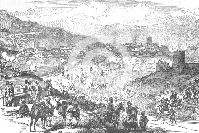 'Attack on an Afreedi Town', c1880. Artist: Unknown.