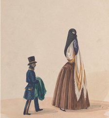 An elegantly dressed woman and her page, from a group of drawings depicting Peruvian..., ca. 1848. Creator: Attributed to Francisco (Pancho) Fierro.