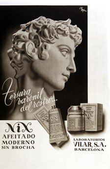Poster advertising shaving products of Vilar Laboratories, SA of Barcelona, published in March 19…