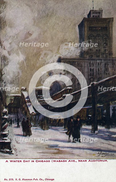 'A Winter Day in Chicago (Wabash Avenue near Auditorium)', postcard, 1911. Artist: Unknown