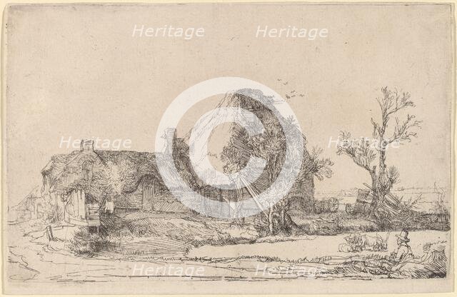 Cottages and Farm Buildings with a Man Sketching, c. 1645. Creator: Rembrandt Harmensz van Rijn.