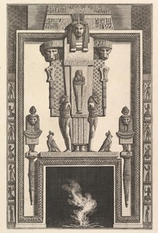 Chimneypiece in the Egyptian style: Mummy superimposed on a large caryatid above the linte..., 1769. Creator: Giovanni Battista Piranesi.