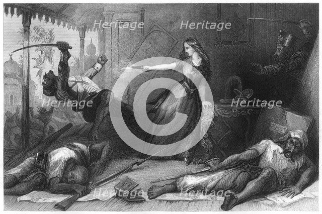 'Miss Wheeler defending herself against the Sepoys at Cawnpore', 1857, (c1860). Artist: Unknown