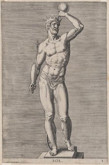 Plate 4: Apollo; statue of the nude god standing on a socle, wearing a crown and holding a..., 1586. Creator: Philip Galle.