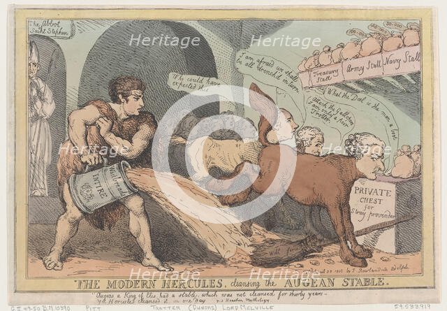 The Modern Hercules, Cleansing the Augean Stable, April 23, 1805., April 23, 1805. Creator: Thomas Rowlandson.